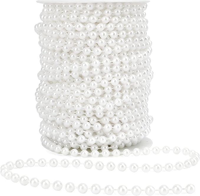 Pearl Beads Garland, 6mm String of Pearls, 82FT Pearl Garland for Christmas Tree, Christmas Faux Pearls Strand Roll for DIY Craft Xmas Wedding Party Supplies Flowers Decoration (White)