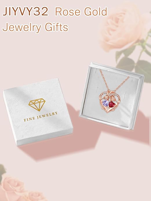 Rose Gold Necklaces for Women Double Birthstone Rose Flower Heart Pendant Necklace Jewelry Anniversary Christmas Valentine's Mother's Day Birthday Gift for Wife Mom Her Girlfriend Sister