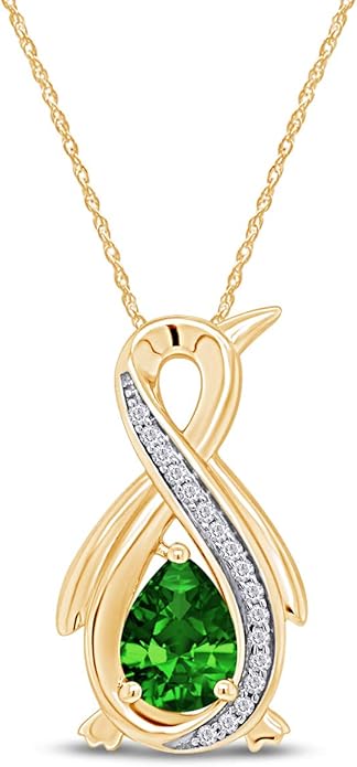 Infinity Penguin Pendant Necklace for Women, 14K Gold Over Sterling Silver with Pear & Round Cut Simulated Birthstone & White Diamond Accents, Dainty Animal Jewelry Gift with 18" Chain