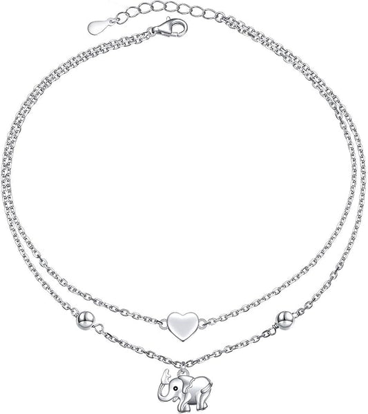 FLYOW Anklet for Women S925 Sterling Silver Adjustable Foot Beaded Heart Charm Ankle Bracelet Anklets Jewelry