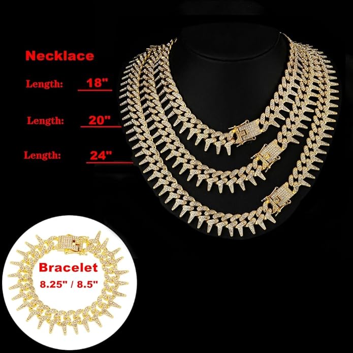 HH BLING EMPIRE Mens Gold Silver Plated Spike Cuban Link Chain Necklace and Bracelet Sets, Chunky Iced Out Diamond Miami Cuban Link Chains Hip Hop Jewelry