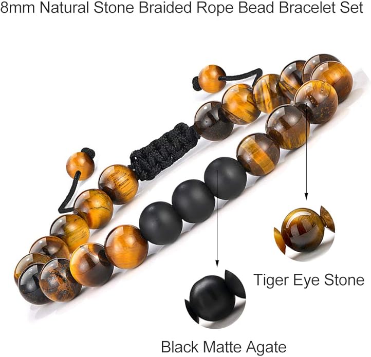 M MOOHAM Natural Stone Bracelets for Men - 8mm Tiger Eye, Matte Agate, Lava Rock - Teen Boys Gifts for Birthday, Anniversary, Christmas