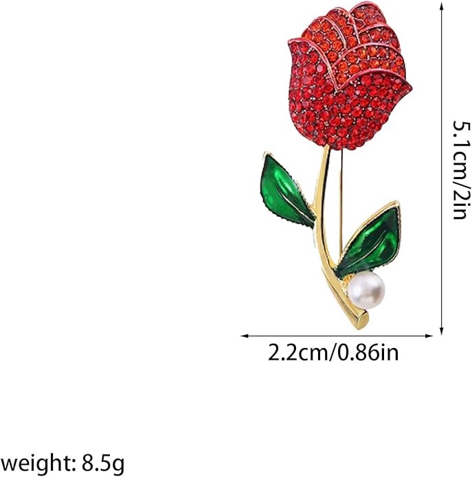 Just Follow Red Rose Flower Brooch with Rhinestones Sparkling Floral Pin for Women Vintage Blazer Jacket Dress Hat Scarf Accessory