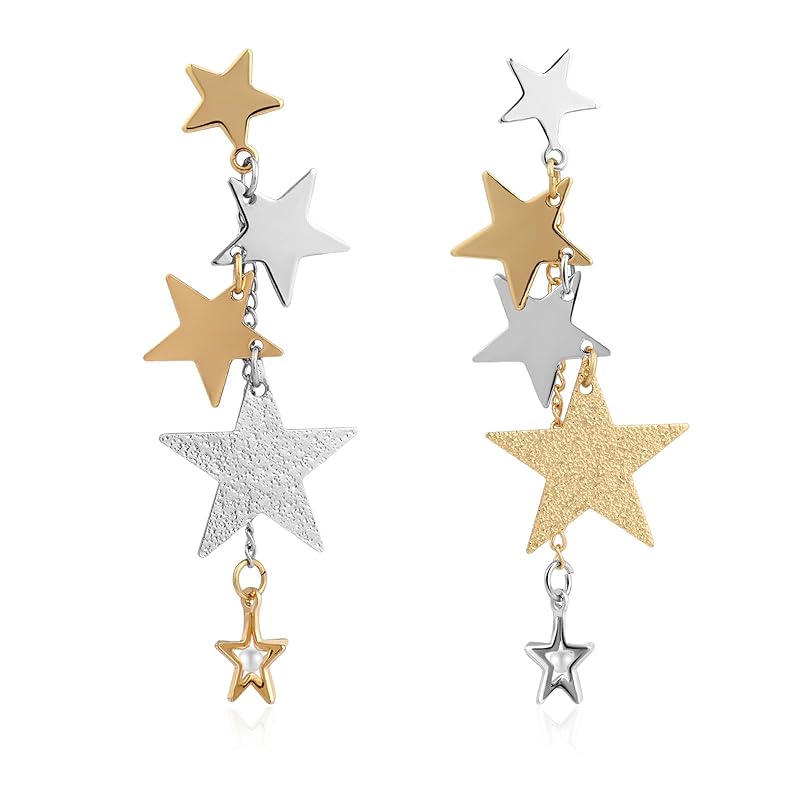 Gold and Silver Sparkly Big Star Drop Earrings Mixed Metal Two Tone Long Tassel Stud Earrings for Women Star Dangling Celestial Jewelry