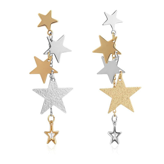 Gold and Silver Sparkly Big Star Drop Earrings Mixed Metal Two Tone Long Tassel Stud Earrings for Women Star Dangling Celestial Jewelry