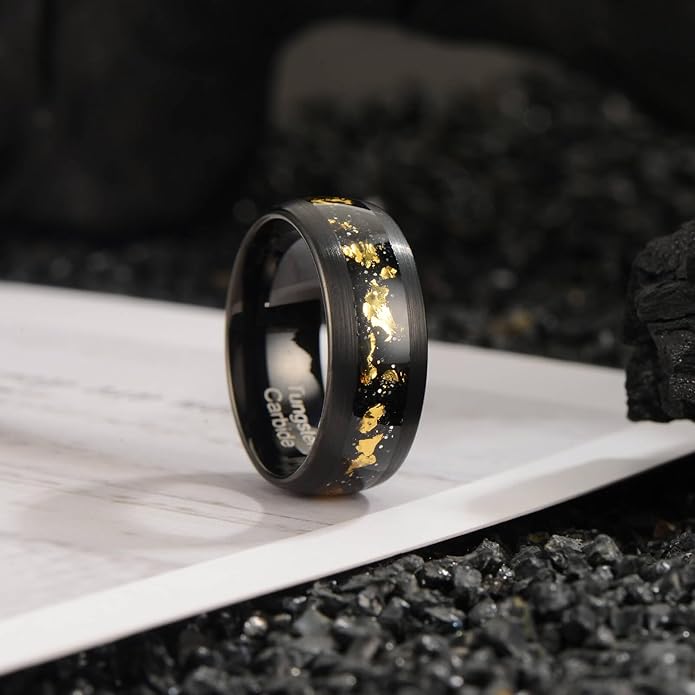 Men's 8mm Black/Gold Tungsten Carbide Wedding Ring Nebula Galaxy Wedding Promise Gold Foil Inlay Real Meteorite Matte Bevel Comfort Fit