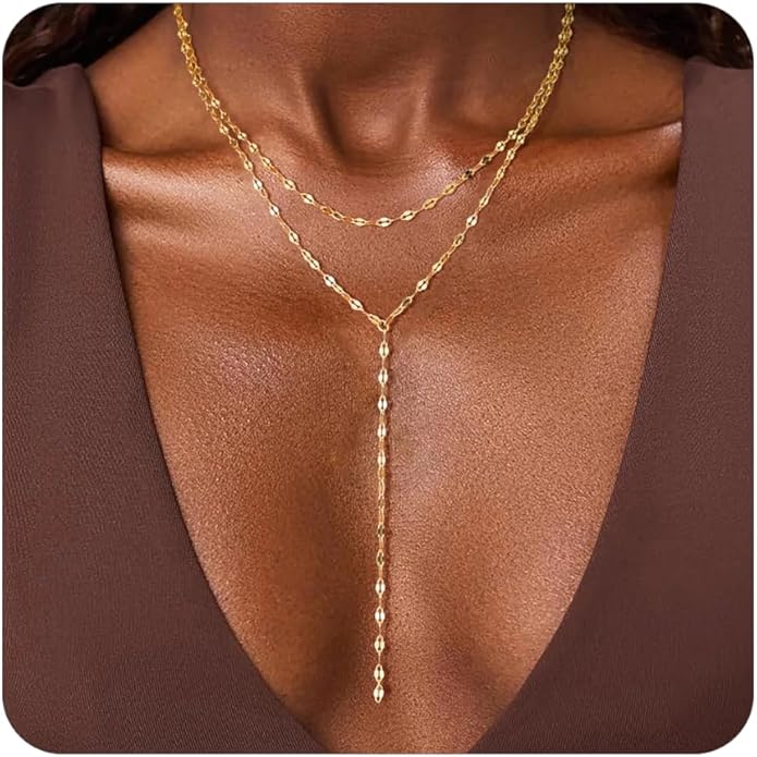 Lariat Necklace for Women, Dainty 14K Gold/Silver Plated Long Necklaces for Women Trendy Simple Layered Y-Shaped Drop Pendant Necklace Adjustable Gold Jewelry Gifts For Her Christmas Stocking Stuffer