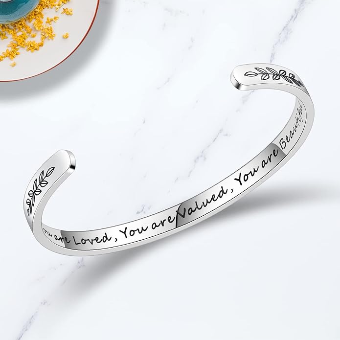 TONY & SANDY Inspirational Bracelets for Women Teen Girls Personalized Gifts for Daughter Granddaughter Mom Sister Friends Stainless Steel Engraved Cuff Birthday Easter Christmas