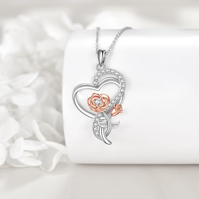 Tulip Sunflower Rose Lily of the Valley Sterling Silver Flower Heart Pendant Necklace Gifts for Women Mother Flower Lover