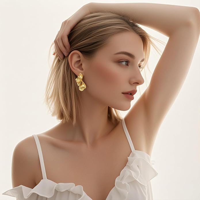 Womens Floral Gold Studs Earrings - 14K Gold Plated Earring,Personality Summer Big Flower Stud,Hypoallergenic Statement Chunky Ear Rings Aretes Trendy Jewelry,Christmas Birthday Prom Gifts for Her