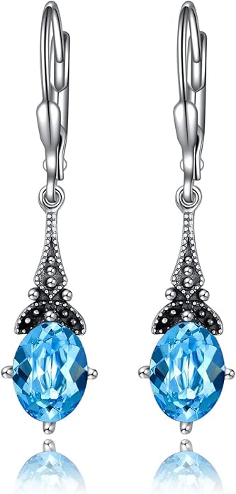 AOBOCO Vintage Earrings for Women Sterling Silver Retro Drop Dangle Leverback Earrings with 8x6mm Oval Genuine or Simulated Birthstone Crystal from Austria, Anniversary Jewelry Gifts for Her Women