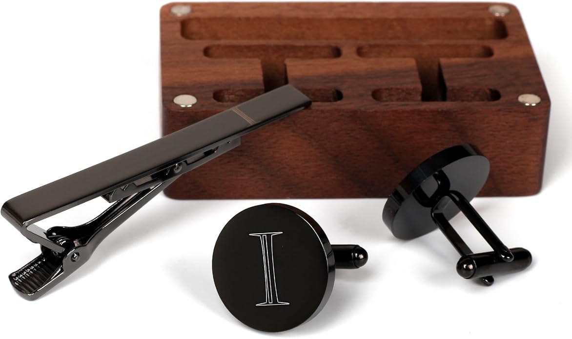 Mens Initial Cufflinks and Tie Clip A-Z Alphabet Letter Black Stainless Cuff Links Tie Bar with Engraved Walnut Wood Box Groom Groomsman Wedding Set