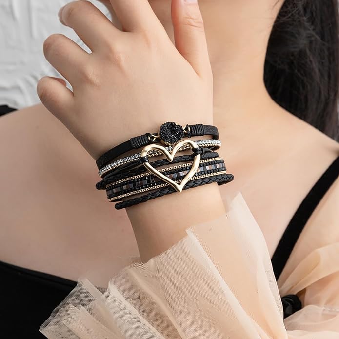 Rantanto Braid Leather Wrap Bracelet Trendy Stackable Crystal Cuff Boho Gold Heart Bracelet Jewelry Gift For Women