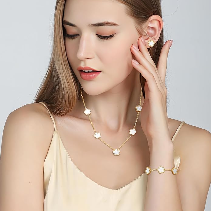 AmorArtSky Lucky Clover Jewelry Set - 18K Gold Plated Flower Design Five Leaf Bracelet, Necklace Pendant, Earrings for Women - Lucky Gifts for Mom, Wife, Daughter, Friends