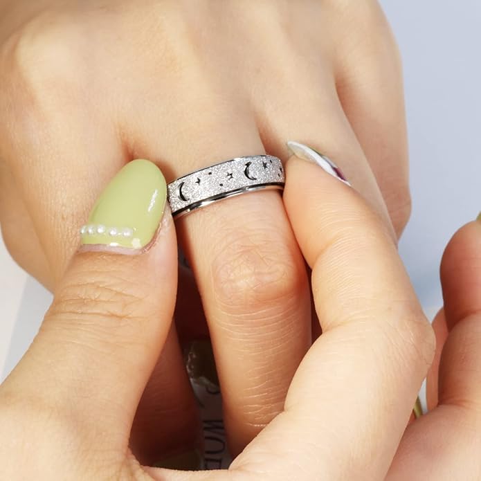 AmorArtSky Anxiety Ring for Women Men, Titanium Stainless Steel Spinner Ring, 5 Colors, 6MM, Size 6-10, 3 Styles Anxiety Ring-Moon Star, Sandblasted Finished, Hollow Outer