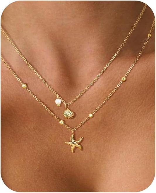 Shell Necklace for Women,14k Gold Plated Layered Starfish Conch SeaShell Pearl Pendant Charm Necklace,Non Tarnish Adjustable Stainless Steel Chain Stack Jewerly for Summer Beach Vacation