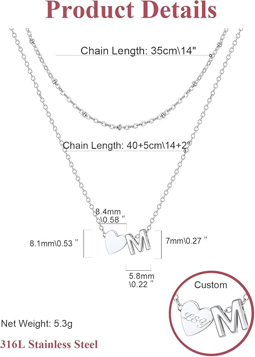 FOCALOOK Layered Initial Necklace for Women, 14K Gold Plated Choker Necklaces Stacks with Initial A-Z, Dainty Silver Heart Pendant Necklace Personalized Birthday Women Jewelry