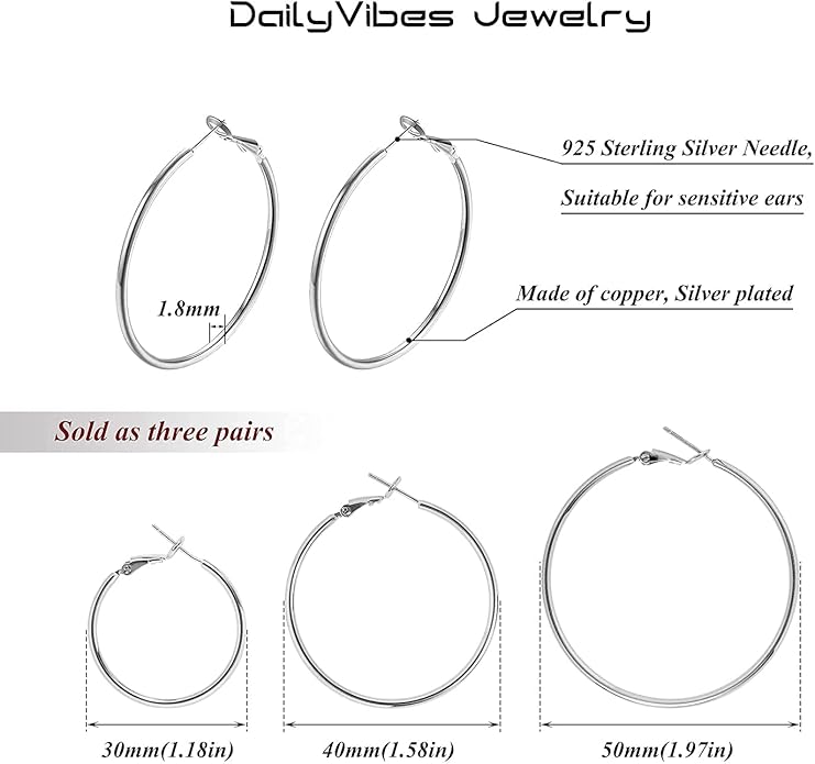Big Gold Hoop Earrings for Women Hypoallergenic 925 Sterling Silver Post Thin Loop 14K Gold Plated Hoop Earrings Set for Women, 3 Pairs