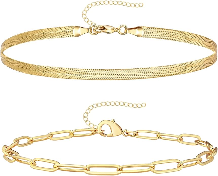 Gold Bracelets for Women Trendy,14K Gold Plated Dainty Stackable Paperclip Cuban Link Chain Bracelets, Simple Cute Cuff Bracelets Jewelry Set Adjustable 7"+2"