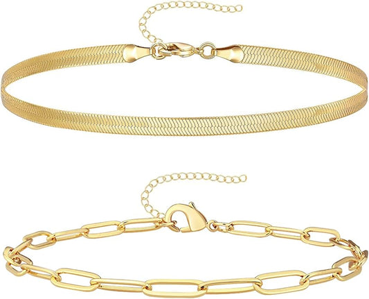 Gold Bracelets for Women Trendy,14K Gold Plated Dainty Stackable Paperclip Cuban Link Chain Bracelets, Simple Cute Cuff Bracelets Jewelry Set Adjustable 7"+2"