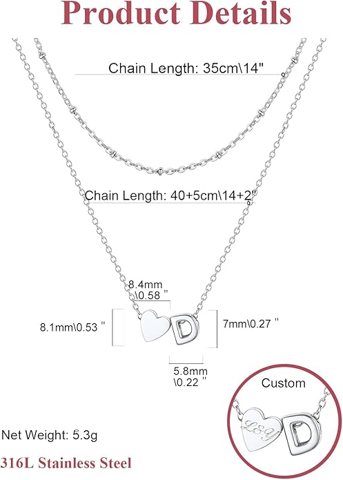 FOCALOOK Layered Initial Necklace for Women, 14K Gold Plated Choker Necklaces Stacks with Initial A-Z, Dainty Silver Heart Pendant Necklace Personalized Birthday Women Jewelry