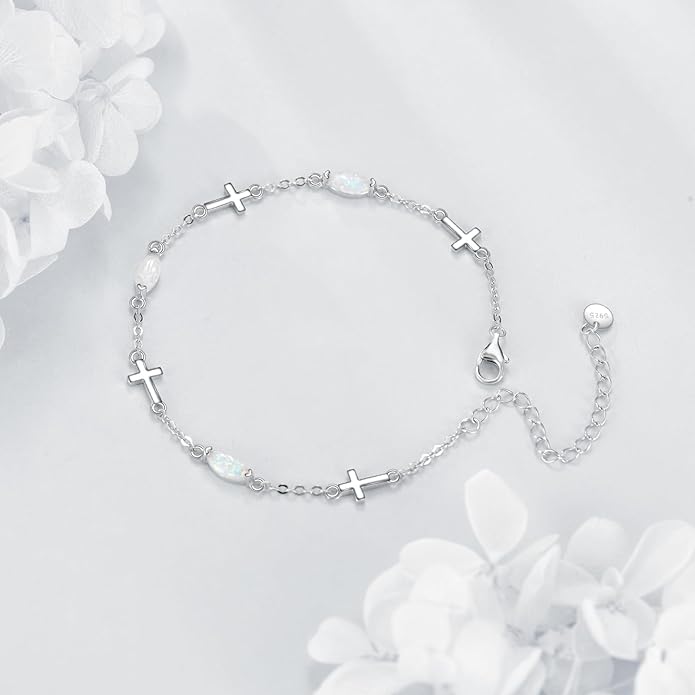 CRMAD Cross/Heart/Infinity/Star of David Bracelet for Women Sterling Silver Opal/Malachite/Moonstone Bracelet Cross Jewelry Gift for Women