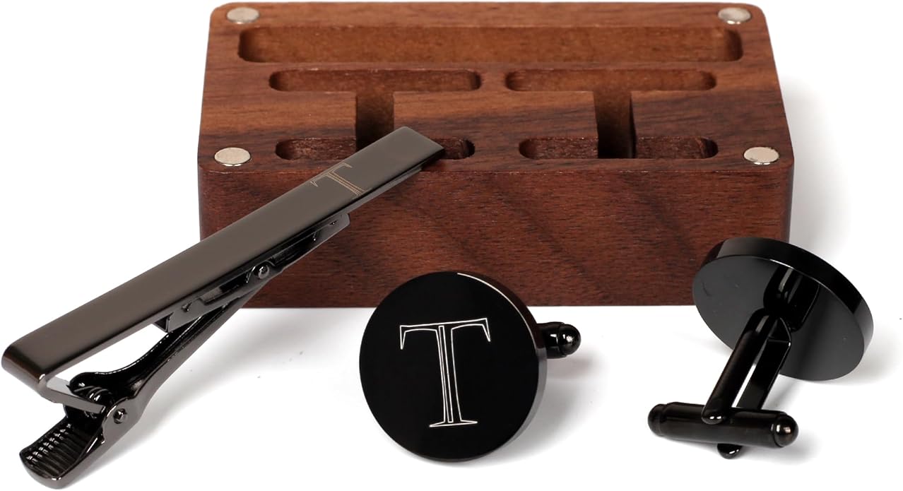 Mens Initial Cufflinks and Tie Clip A-Z Alphabet Letter Black Stainless Cuff Links Tie Bar with Engraved Walnut Wood Box Groom Groomsman Wedding Set