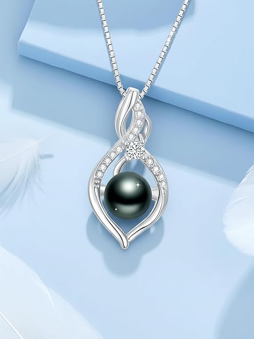 KANNSOAR Tahitian Black Pearl 18K White Gold Plated Sterling Silver Heart/Infinity/Four Leaf Clover Pendant Necklace Jewelry Gifts for Women Wife Mom Girlfriend Wedding Birthday Anniversary Christmas