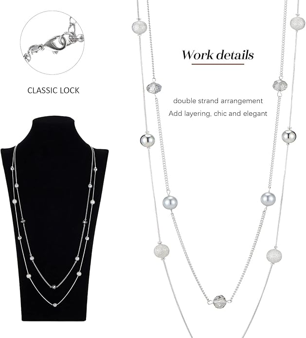 Silver Layered Long Necklace for Women Pearl Crystal Sweater Strand Chain Necklaces Fashion Gifts