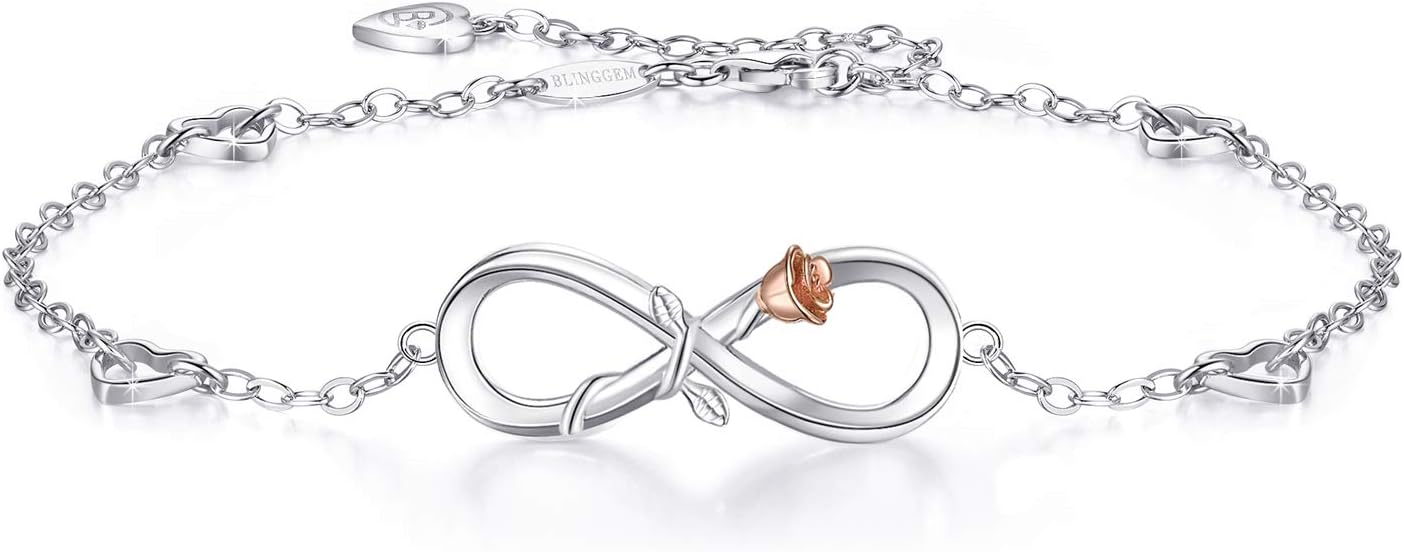BlingGem Anklets for Women 925 Sterling Silver Infinity Hear Ankle Bracelet Cubic Zirconia Rose Gold Summer Beach Stylish Foot Chain Summer Vacation Jewelry Gift for Mom Women