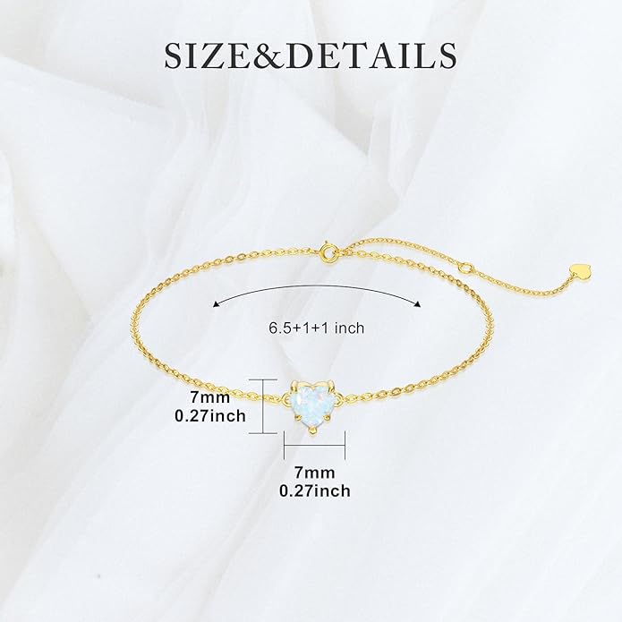 14k Gold Love Heart Gemstone Bracelet for Women,7MM Heart-cut Created Birthstone Anniversary Birthday Mother's Day Bracelets Jewelry for Mom Her 6.5''+2''