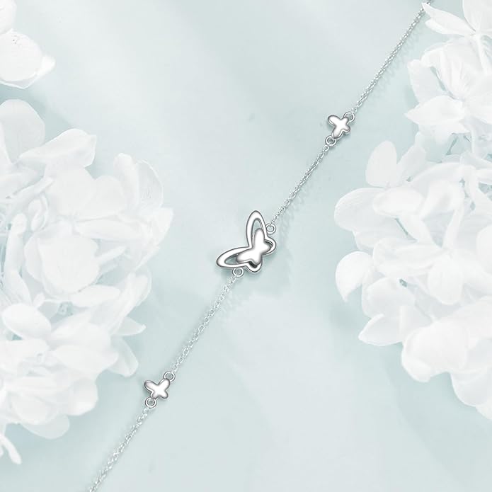 AOBOCO Sterling Silver Anklet for Women Crystal Butterfly Dragonfly Evil Eye Ankle Bracelet