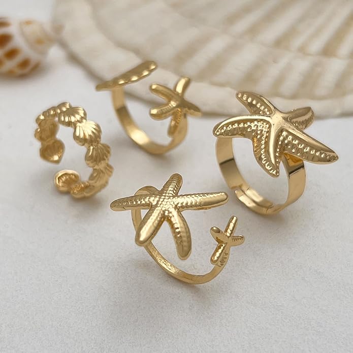 16 Pairs Starfish Jewelry Set for Women Dainty Seashell Necklace Starfish Earring Open Ring Boho Layer Charm Necklace Summer Beach Bracelets and Natural White Anklet Set Trendy Beachy Vacation Accessories Gift