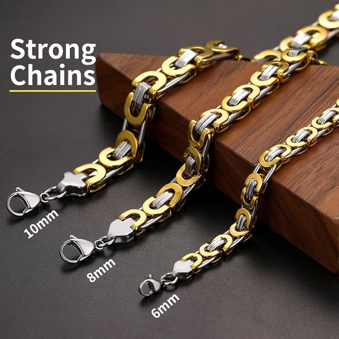 ChainsHouse Flat Byzantine Link Necklace for Men 6mm/8mm/10mm Width, 18K Gold Plated/Stainless Steel Black Byzantine Chain Necklaces, 18" 20" 22" 24" 26" 28" 30" Length, with Gift Box