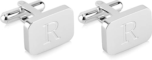 18K White-Gold Plated Initial Engraved Stainless Steel Men’s Cufflinks With Gift Box -Personalized Alphabet Letter’s A-Z By Lux & Pair