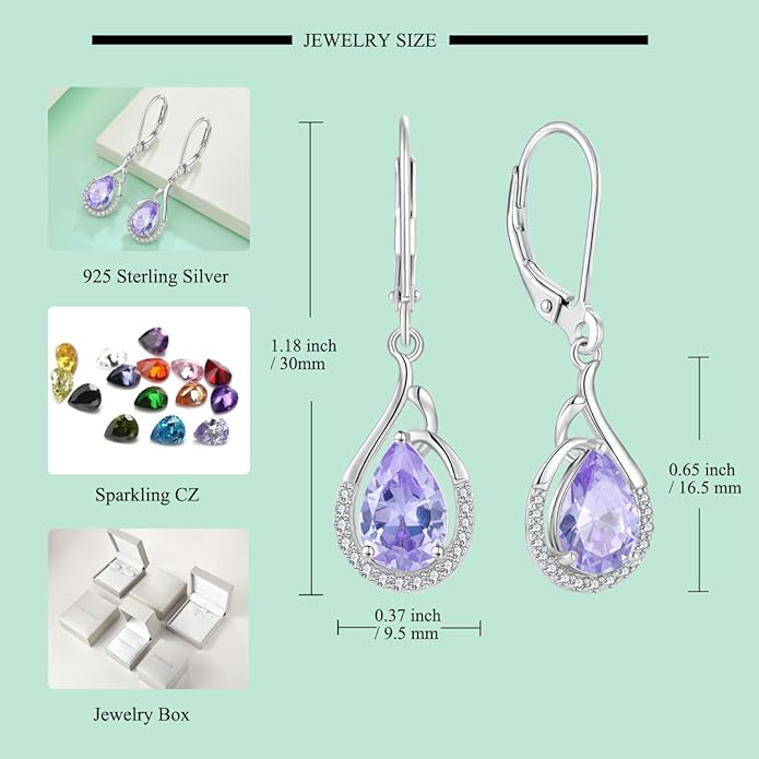 Starchenie Teardrop Dangle Drop Earrings 925 Sterling Silver Pear Birthstones Leverback Earrings Gift for Women