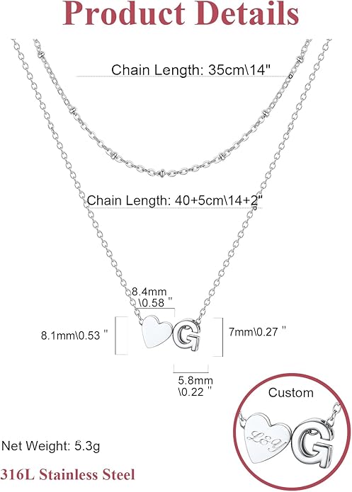 FOCALOOK Layered Initial Necklace for Women, 14K Gold Plated Choker Necklaces Stacks with Initial A-Z, Dainty Silver Heart Pendant Necklace Personalized Birthday Women Jewelry