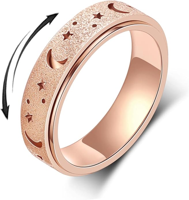 AmorArtSky Anxiety Ring for Women Men, Titanium Stainless Steel Spinner Ring, 5 Colors, 6MM, Size 6-10, 3 Styles Anxiety Ring-Moon Star, Sandblasted Finished, Hollow Outer