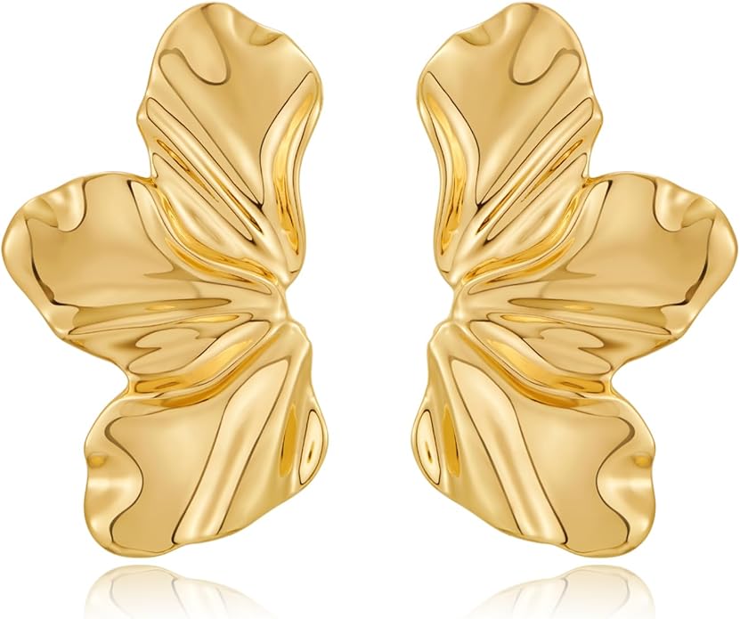 Chunky Gold Statement Earrings For Women Gold Plated Sectored Flower Leaf Shell Angel Wing Earrings Large Stud Earrings Hypoallergenic Earrings