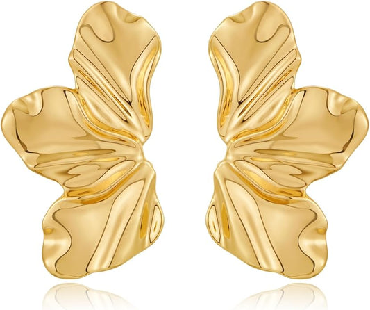 Chunky Gold Statement Earrings For Women Gold Plated Sectored Flower Leaf Shell Angel Wing Earrings Large Stud Earrings Hypoallergenic Earrings