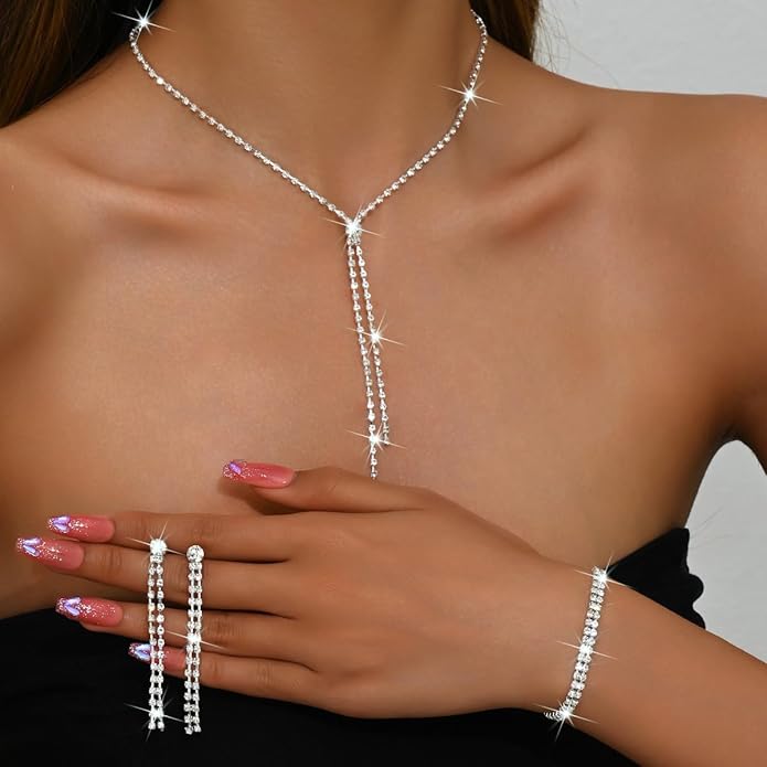 MIFYNN Rhinestone Wedding Set for Women Sparkle Crystal Earrings Necklace Bracelet Jewelry Set Wedding Party Prom Jewelry Set for Brides Bridesmaid