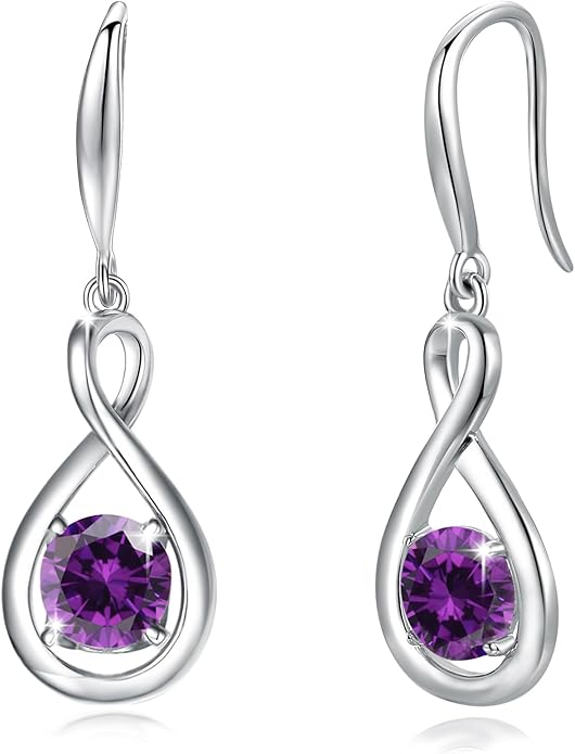 FANCIME Dangle Drop Earrings 925 Sterling Silver Dainty Infinity Round Gemstone Birthstone Jewelry Birthday Gifts for Her Women