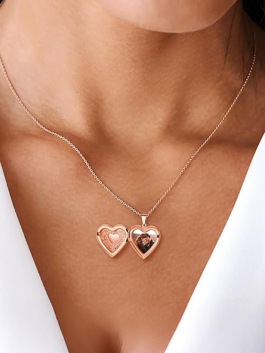 U7 Women Locket Necklace Platinum 14K Gold Photo Lockets that Hold Picture,Chain 20 Inch Personalized Gift Custom Love Heart Image Necklaces
