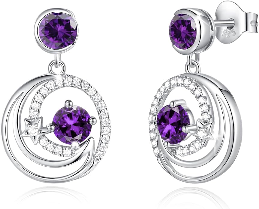 FANCIME Dangle Drop Earrings 925 Sterling Silver Moon Star Round Gemstone Birthstone Jewelry Birthday Christmas Gifts for Her Women