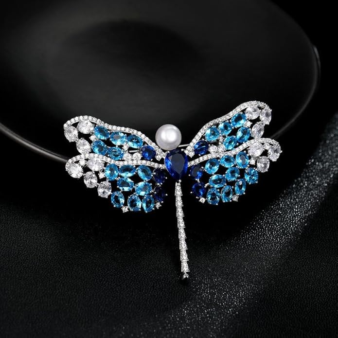 14K Gold Exquisite Dragonfly Brooch Adorned with Colorful Gemstones and Lustrous Pearls, Chic Brooch Accent for Special Events, Ideal for Stylish Women