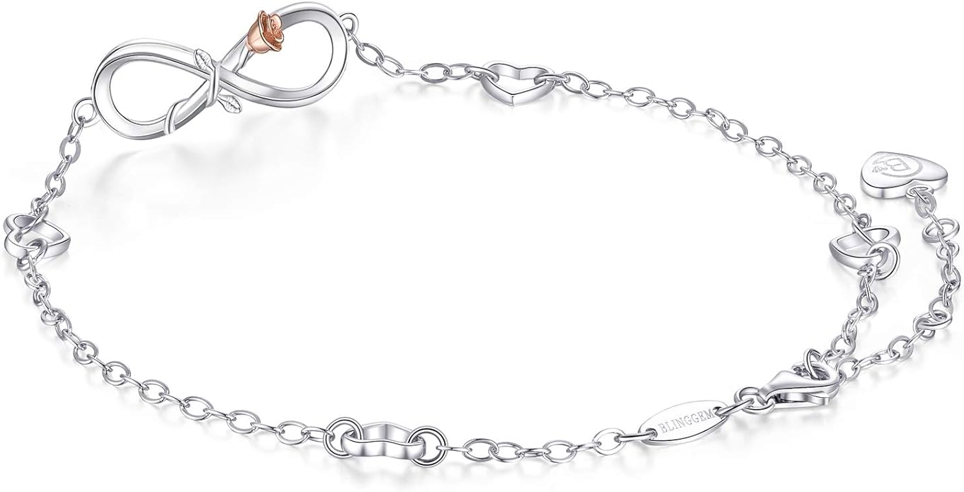 BlingGem Anklets for Women 925 Sterling Silver Infinity Hear Ankle Bracelet Cubic Zirconia Rose Gold Summer Beach Stylish Foot Chain Summer Vacation Jewelry Gift for Mom Women