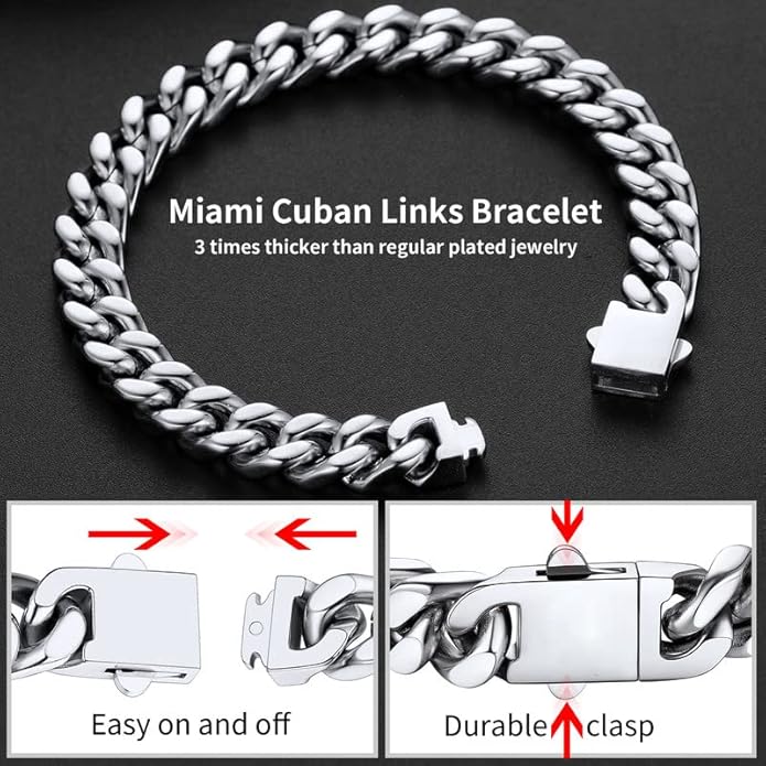 ChainsHouse Stainless Steel Cuban Link Bracelet for Men, 5mm/7mm/9mm/12mm Width, 7.5"/8.3"/9" Length, Black/18K Gold Plated Chain Wrist Bracelets for Men, with Gift Box