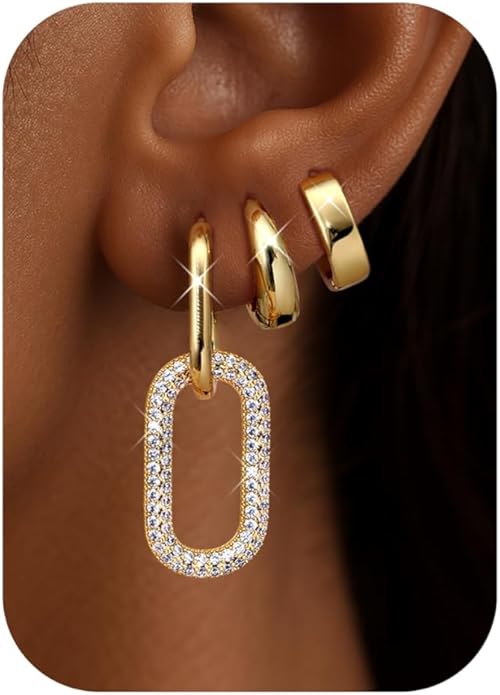 Florideco 3Pairs Chunky Gold Earrings Set 14K Gold Plated Hoop Earrings for Women Trendy Small Thick Huggie Hoops Earring Lightweight Silver Hoop Earring Sets for Multiple Piercing