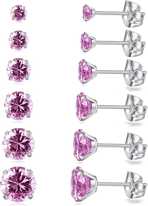 6 Pairs Stud Earrings Set, Hypoallergenic Cubic Zirconia Earrings 316L Stainless Steel CZ Earrings 3-8mm