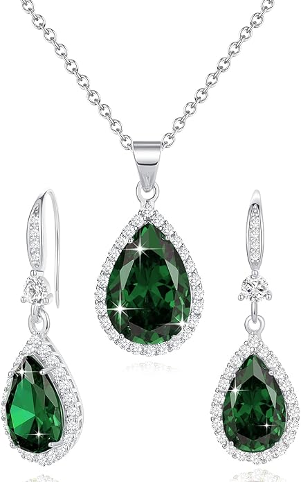 Sumonyo Women Jewelry Set Silver/Gold Plated Teardrop Pendant Necklace Dangle Drop Earrings Dangling Sets Birthstone Crystals Rhinestone,Birthday Anniversary Wedding Mother’s Day Gifts for Women